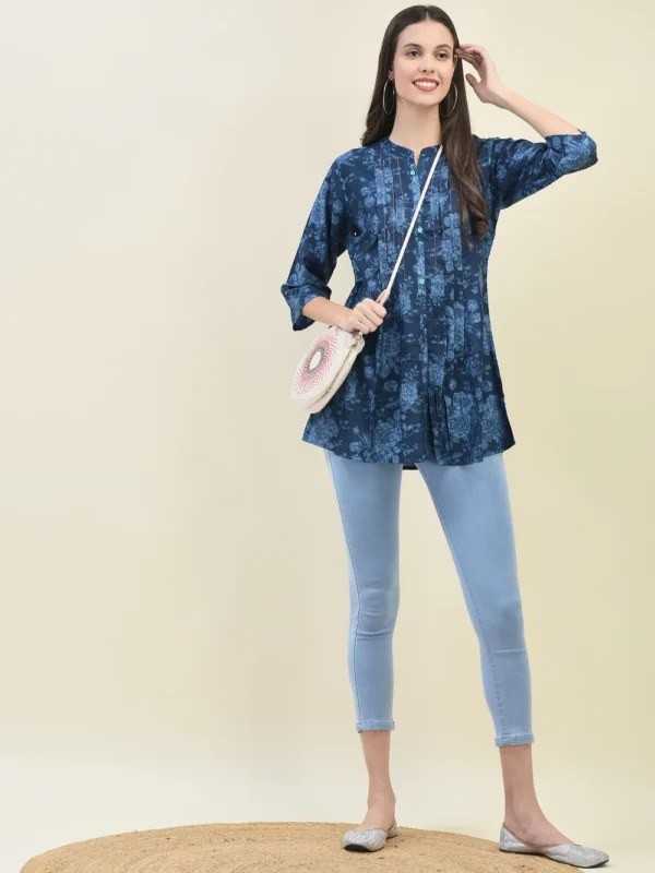 Women Rayon Blue Floral Print Tunic