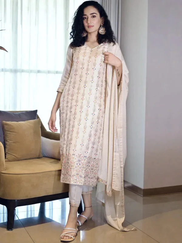 Women Beige Woven Design Silk Straight Kurta With Trouser & Dupatta