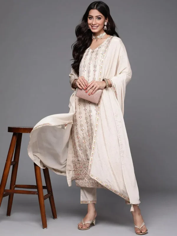Women Beige Woven Design Silk Straight Kurta With Trouser & Dupatta - Image 5