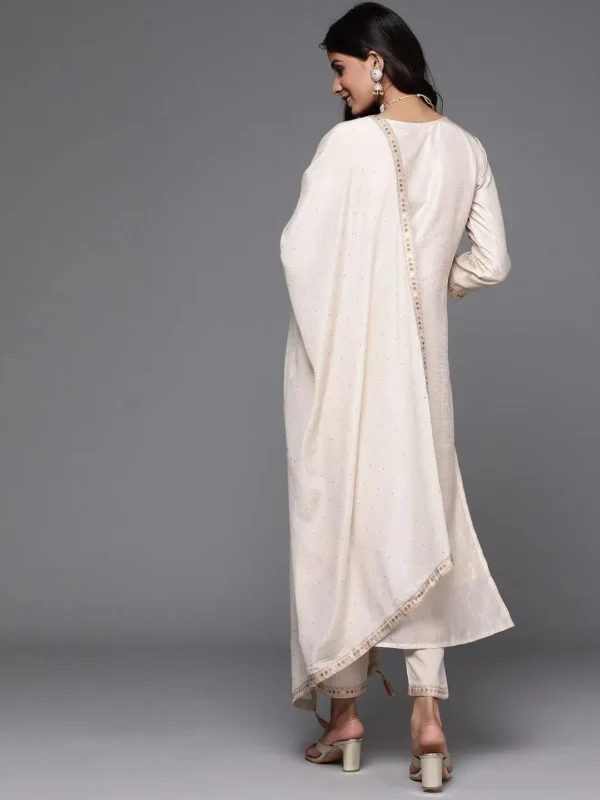 Women Beige Woven Design Silk Straight Kurta With Trouser & Dupatta - Image 3