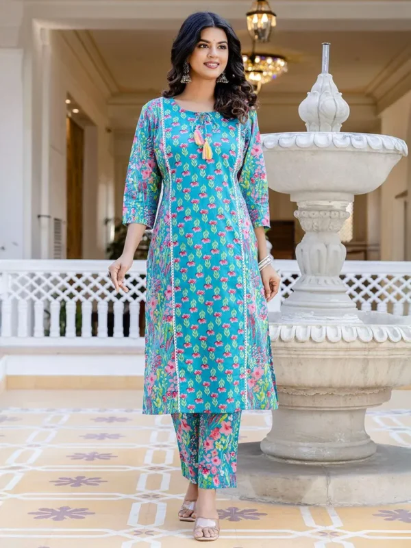 Women Turquoise Blue Printed Cotton Suit - Set - Image 6