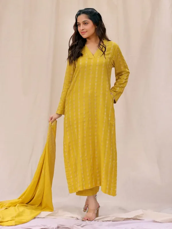 Women Lemon Yellow Woven Cotton Silk Suit - Image 6