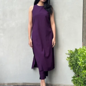 Women Purple Cotton Kurta with Pants- Set