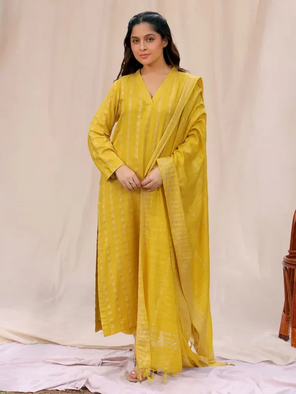 Women Lemon Yellow Woven Cotton Silk Suit - Image 7