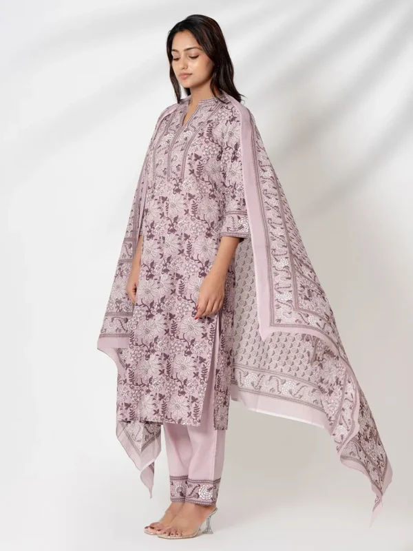 Women Mauve Printed Cotton Suit- Set - Image 3