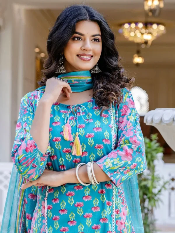 Women Turquoise Blue Printed Cotton Suit - Set - Image 5