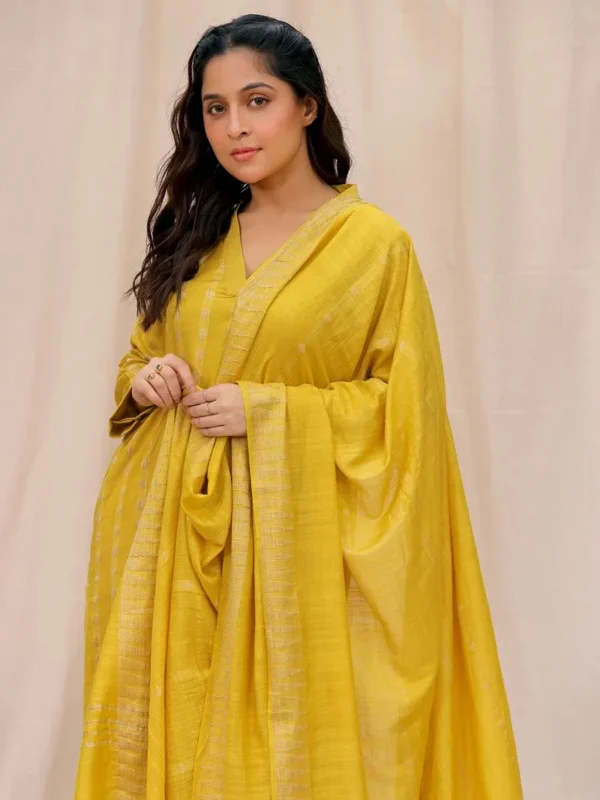 Women Lemon Yellow Woven Cotton Silk Suit - Image 5