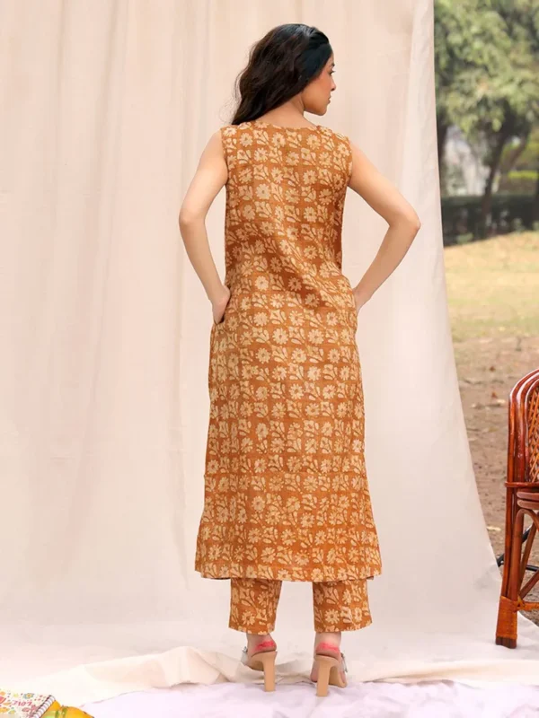 Women Mustard Yellow Hand Block Printed Cotton Kurta with Pants - Image 3