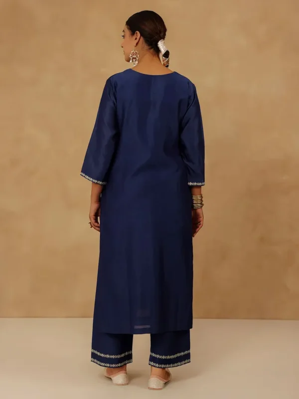 Women Navy Blue Embroidered Chanderi Silk Kurta with Pants - Image 3