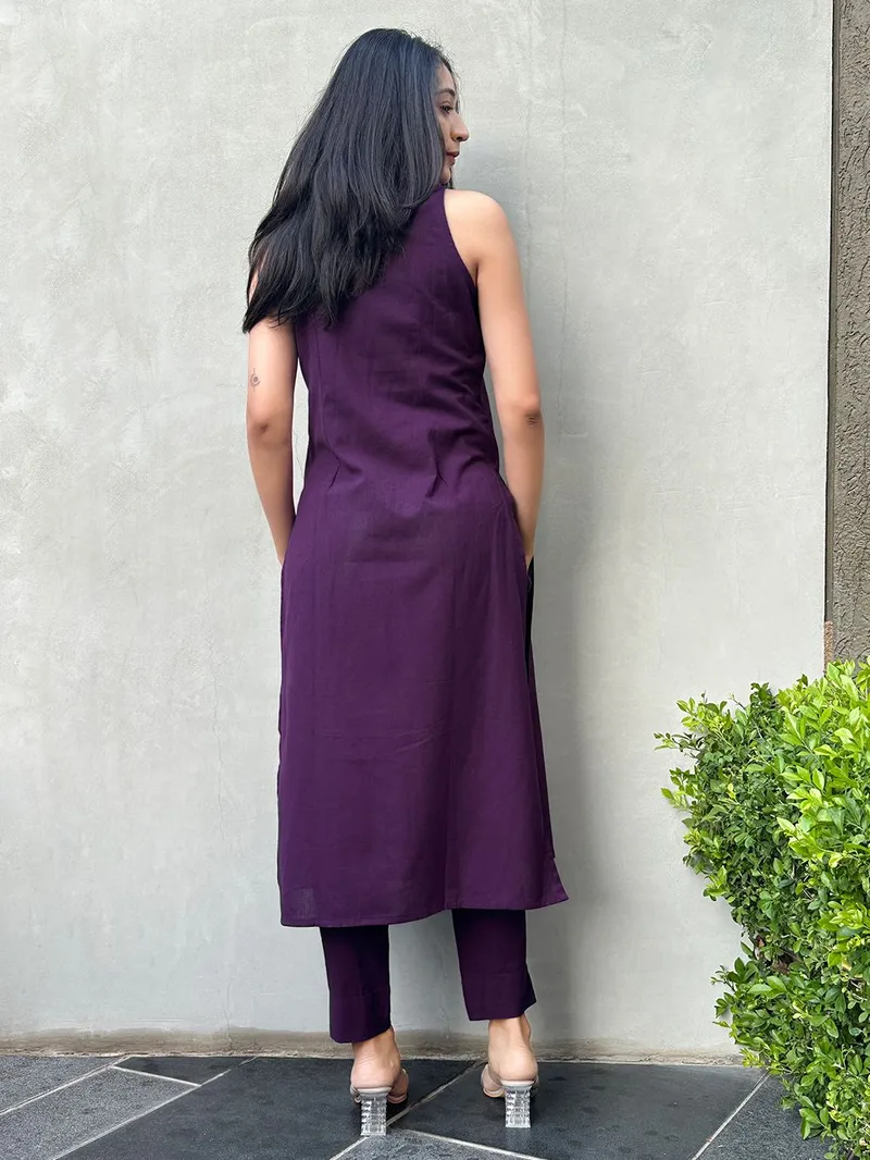 Women Purple Cotton Kurta with Pants- Set - Image 2