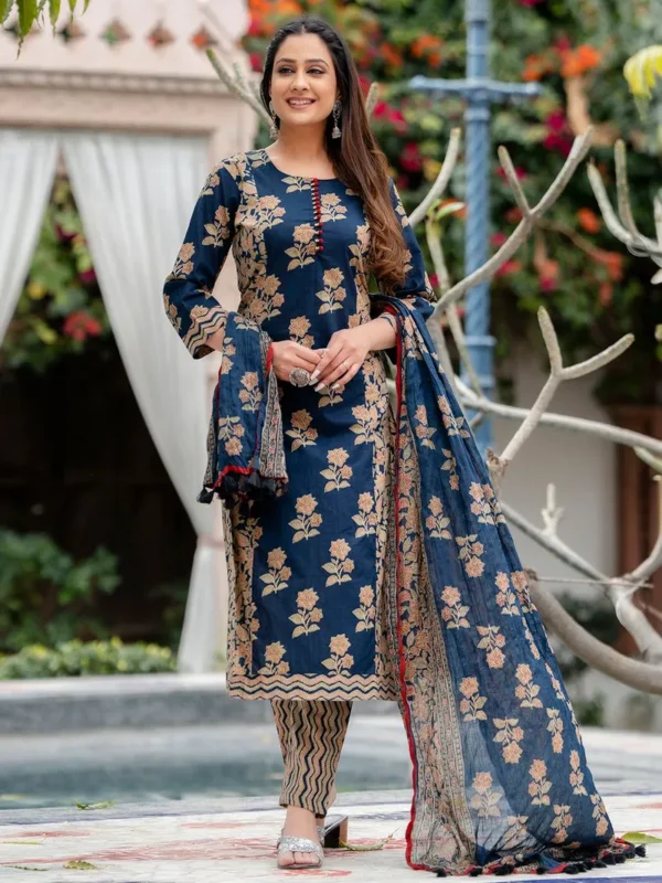 Women Blue Printed Cotton Suit - Set