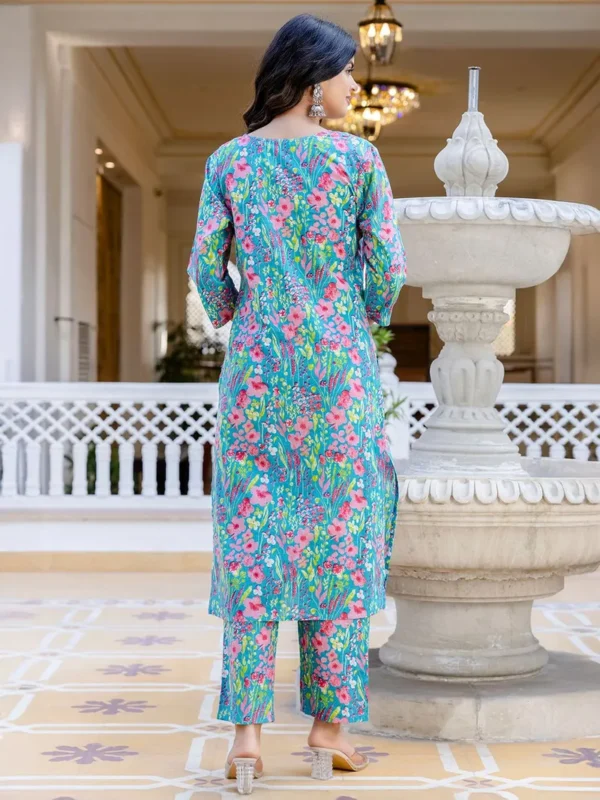 Women Turquoise Blue Printed Cotton Suit - Set - Image 4
