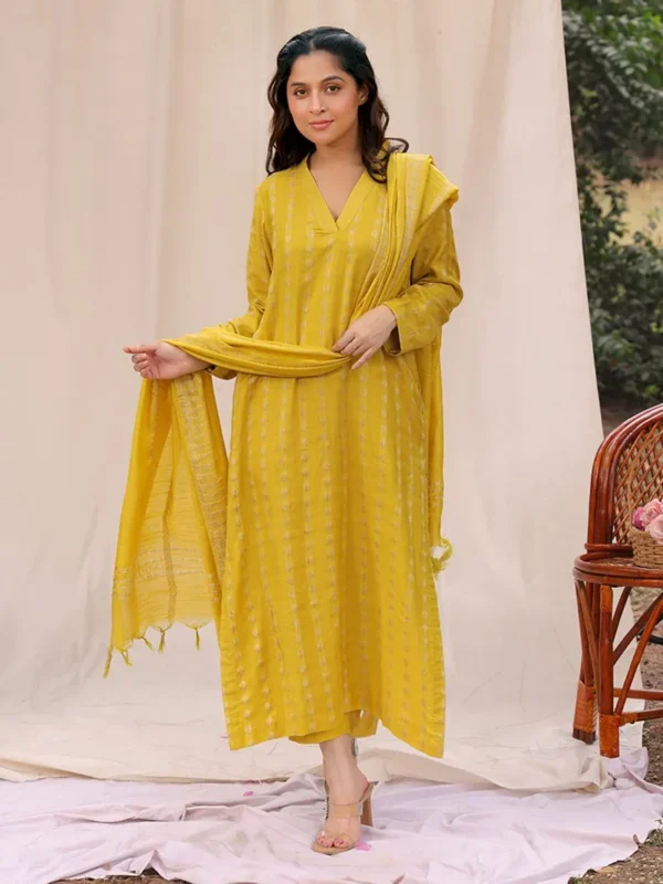Women Lemon Yellow Woven Cotton Silk Suit