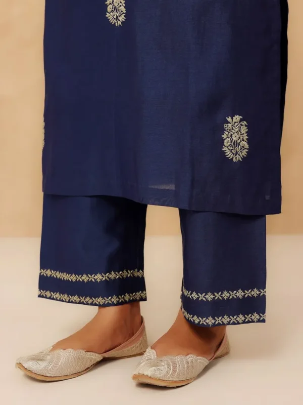 Women Navy Blue Embroidered Chanderi Silk Kurta with Pants - Image 2