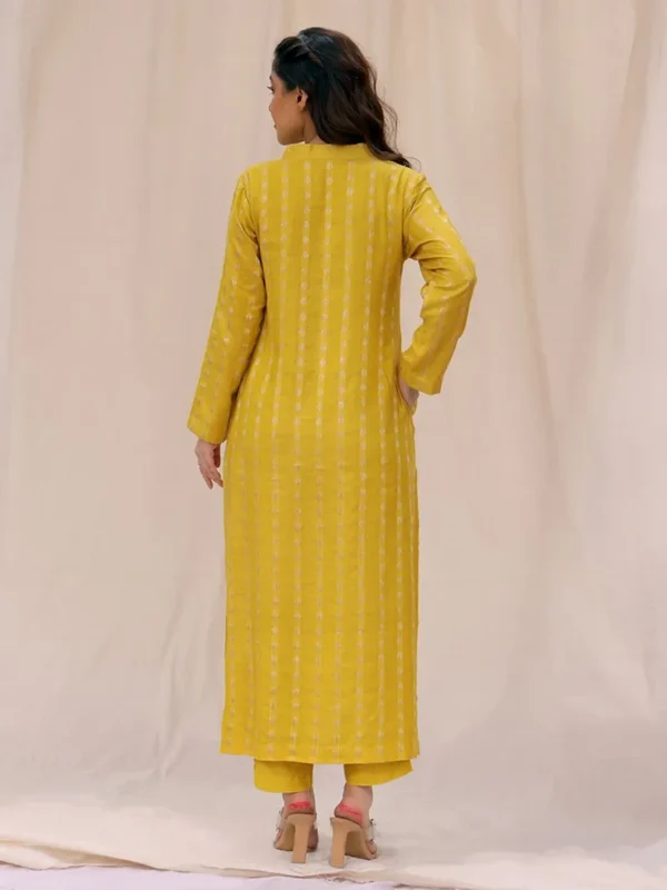 Women Lemon Yellow Woven Cotton Silk Suit - Image 3