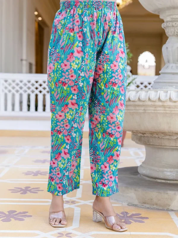 Women Turquoise Blue Printed Cotton Suit - Set - Image 3