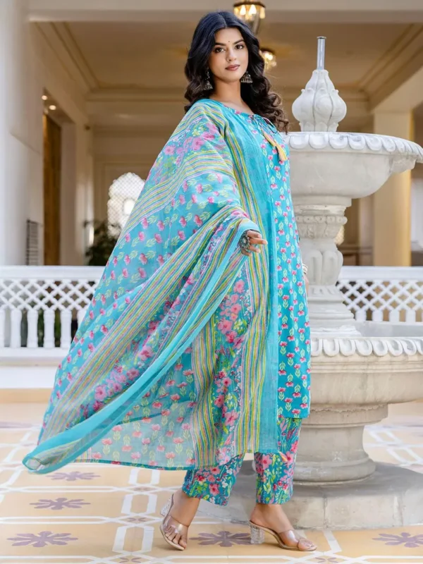 Women Turquoise Blue Printed Cotton Suit - Set - Image 2