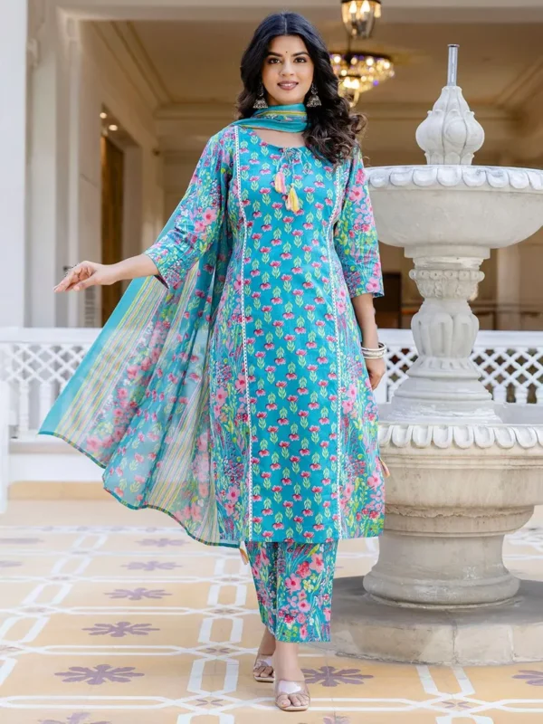 Women Turquoise Blue Printed Cotton Suit - Set