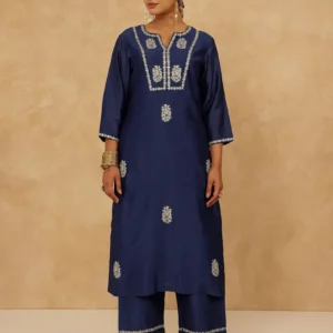 Women Navy Blue Embroidered Chanderi Silk Kurta with Pants