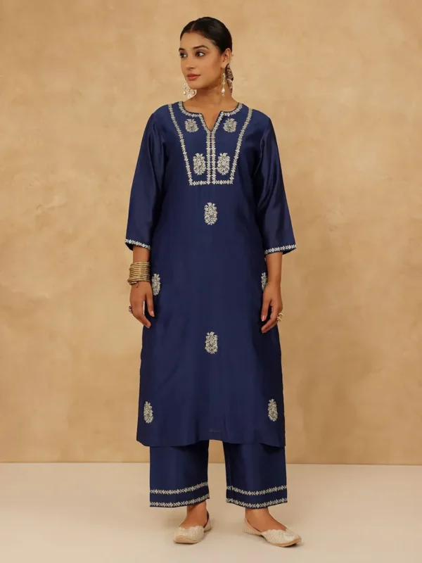 Women Navy Blue Embroidered Chanderi Silk Kurta with Pants