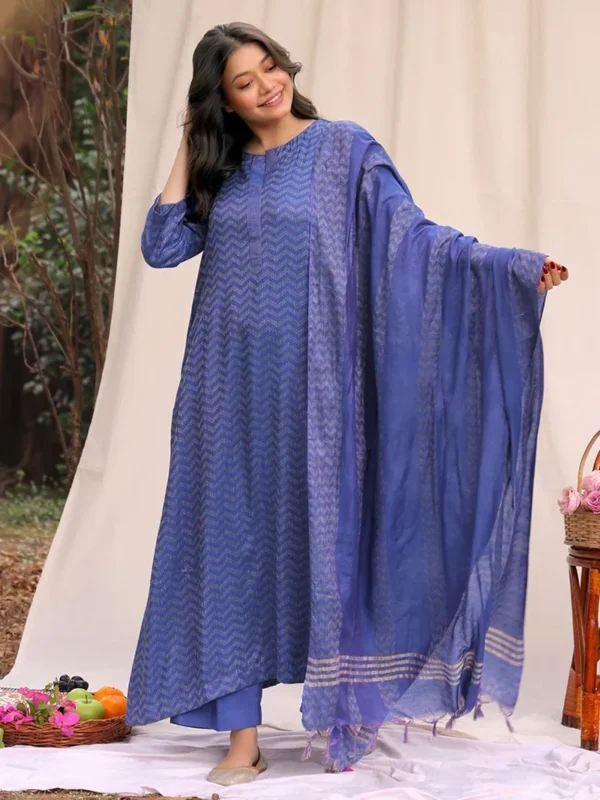 Women Blue Woven Cotton Silk Suit- Set